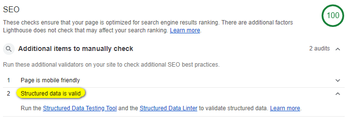 Lighthouse audit shows 100 score for seo, but recommends to check structured data manually
